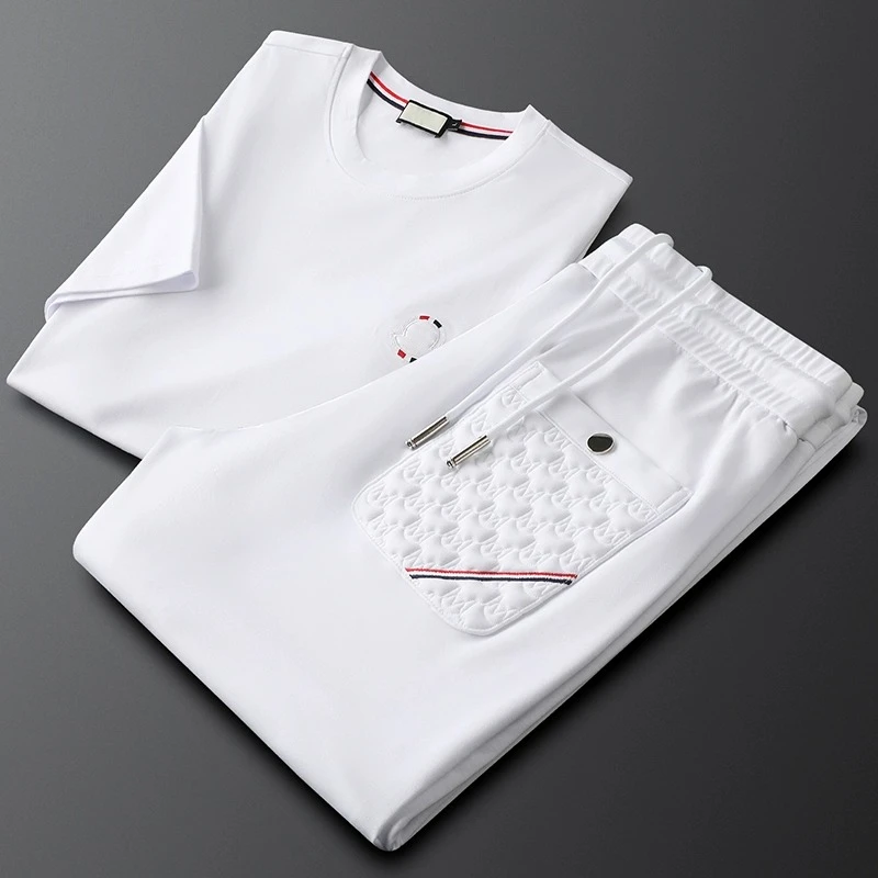 白色运动套装男夏季薄款轻奢修身圆领短t恤束脚裤男士休闲两件套