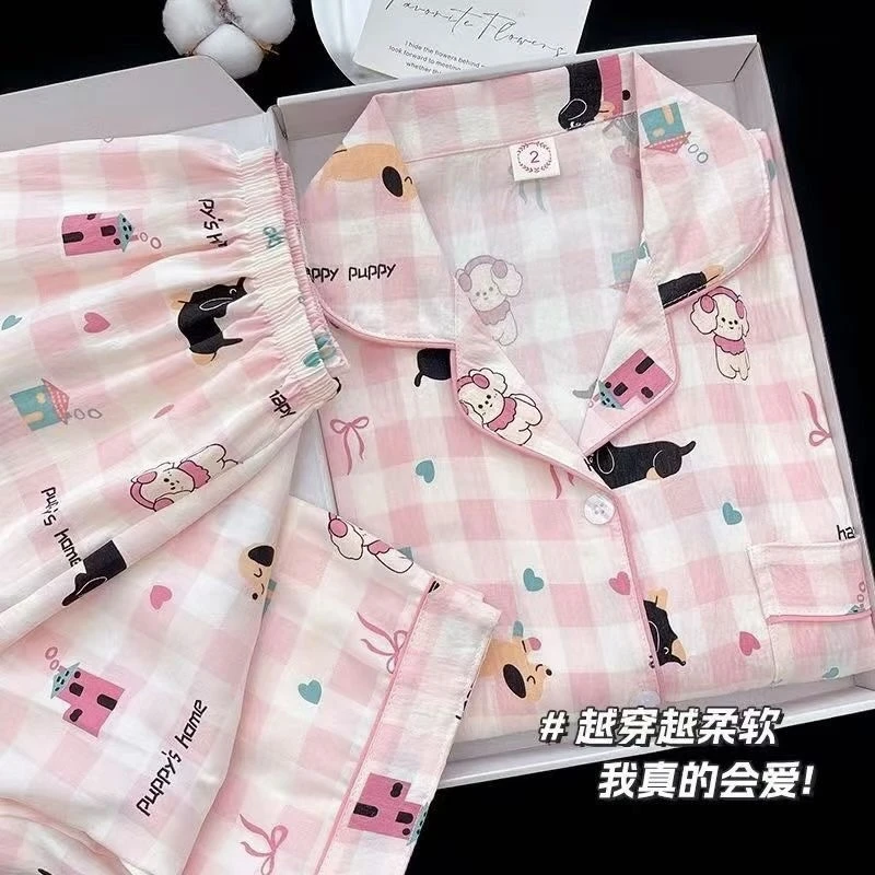 芯语婷春季新品·粉格狗狗甜美睡衣云朵泡泡纱女长袖套装可外穿