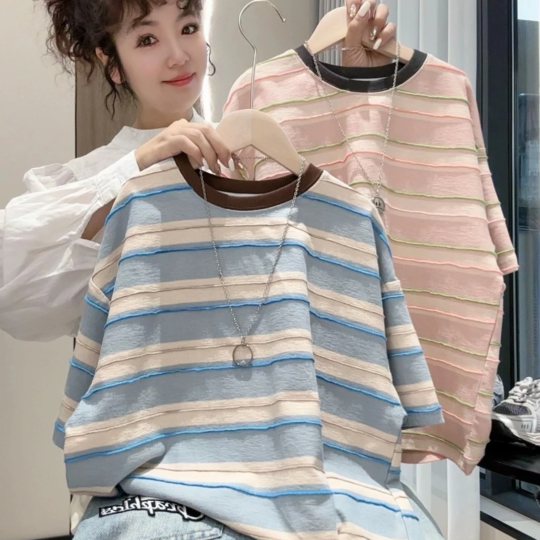 儿童短袖T恤套装夏装2025新中大童韩版宽松短袖T恤条纹韩版