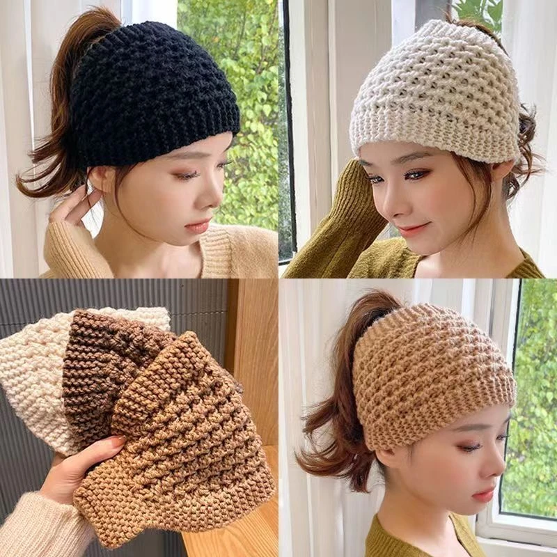 外贸秋冬新款针织毛线头套女士保暖护耳毛线帽宽发带发箍发饰头饰