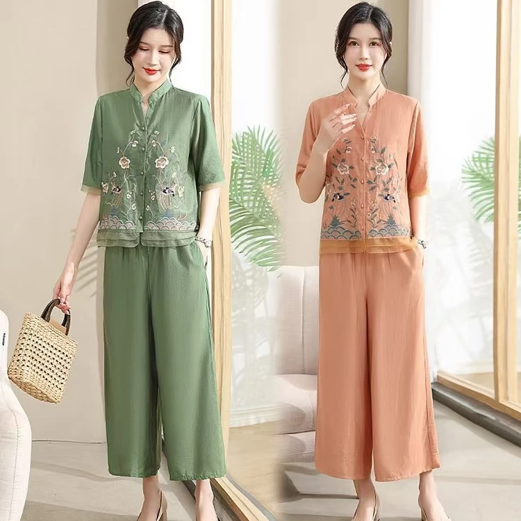 妈妈装夏款套装新中式复古民族风绣花中老年时尚两件套宽松