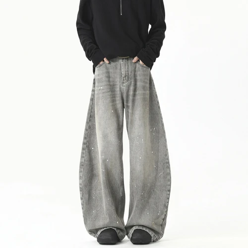 现货限宽松廓形做旧灰泼墨弯刀牛仔裤