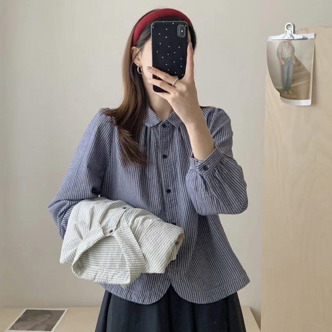 复古港风秋季新款休闲百搭纯棉衬衫洋气时尚显瘦短款条纹长袖衬衣