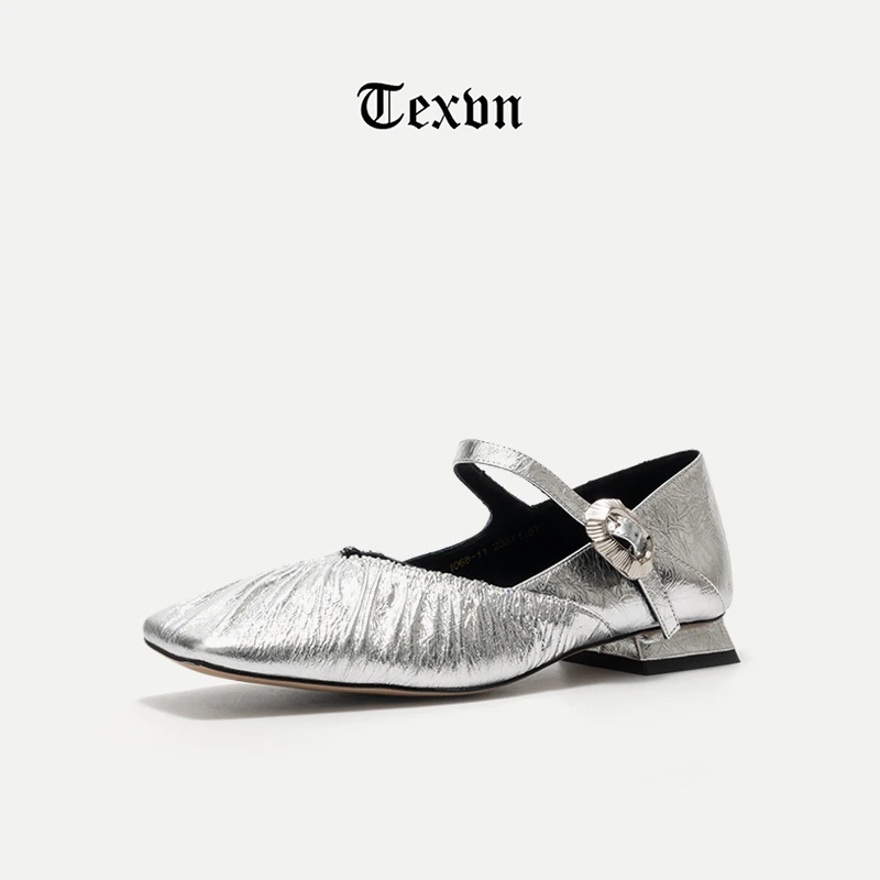 2025春季新品时尚金属抓皱胎牛方头浅口一字搭扣玛丽珍女鞋透气