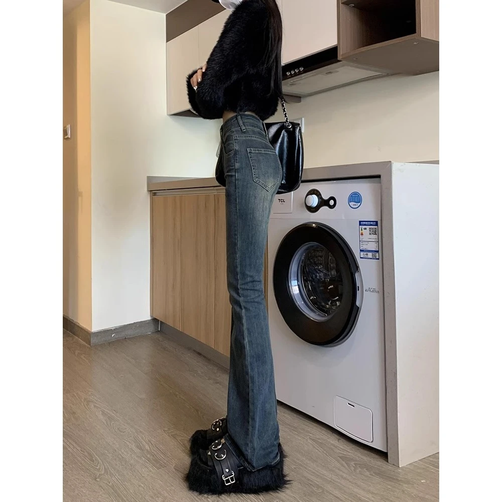 水泥灰高腰复古微喇牛仔裤女春秋新款修身显瘦弹力辣妹马蹄拖地裤