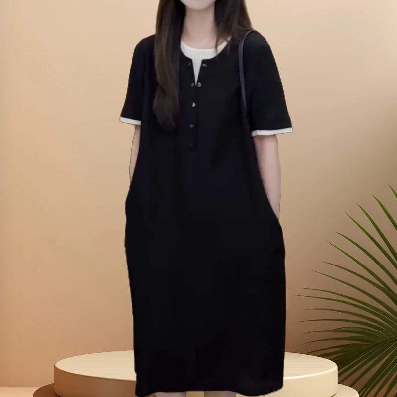2026夏季新款圆领假两件连衣裙宽松显瘦通勤风设计感中长款休闲裙