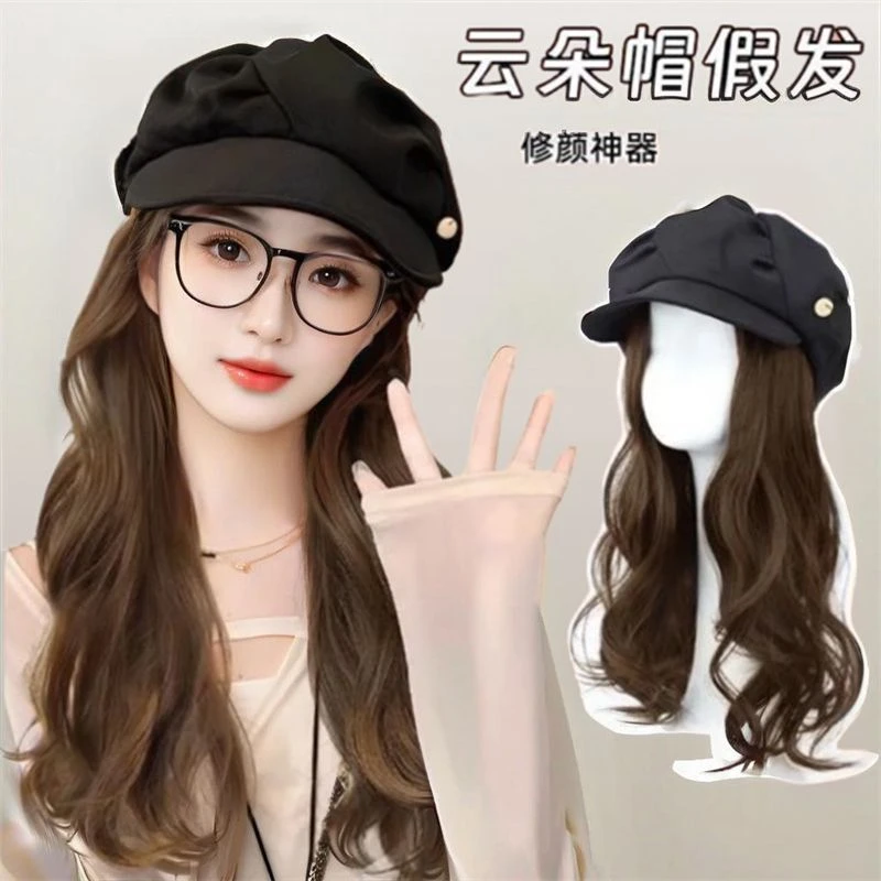 云朵贝雷帽子假发女长发大波浪微卷仿真韩版显脸小通勤ins全头套