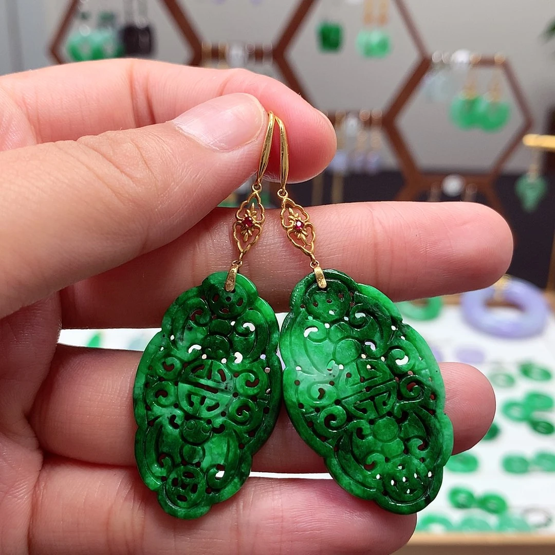 翡翠18K金镶嵌耳饰天然翡翠