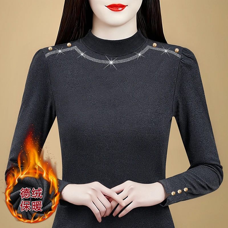 冬季加绒洋气保暖小衫上衣气质简约烫钻百搭显瘦时尚内搭打底衫