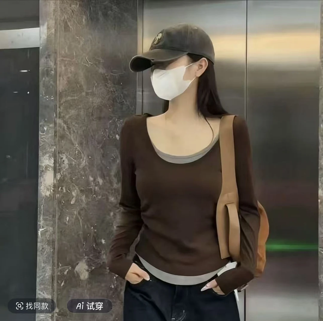 【婷婷家】小个子加绒磨毛撞色设计假两件U领上衣#1290