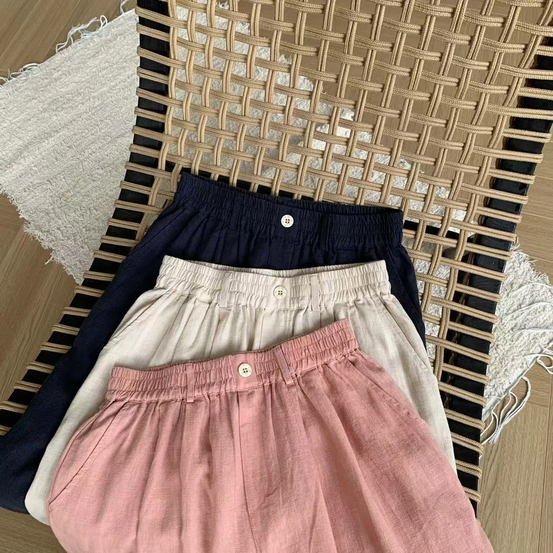 素心轻奢 2025夏季复古文艺简约宽松纯色阔腿显瘦百搭麻料休闲裤