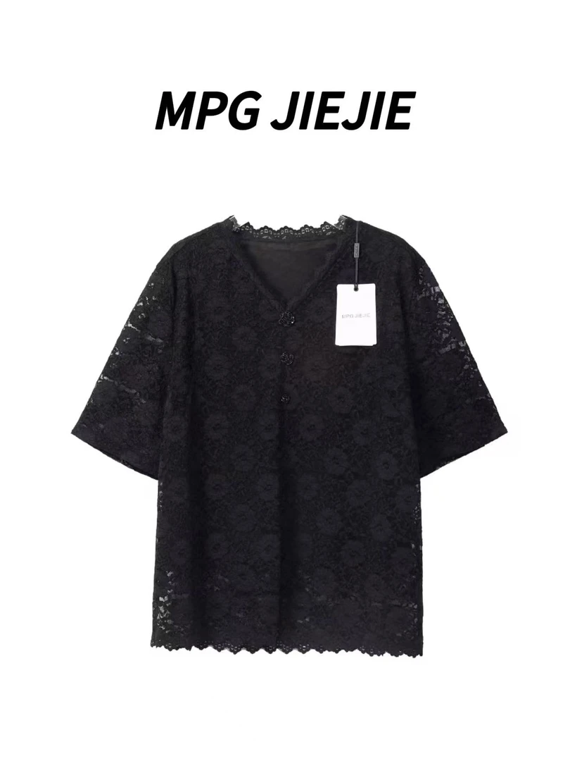 MPG JIEJIE【花游记】春夏大码拼接蕾丝提花设计感V领重工短袖T恤