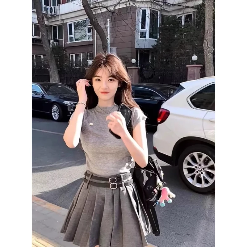 网红韩版时尚小个子灰色修身短袖T恤高腰显瘦百褶裙两件套装女夏