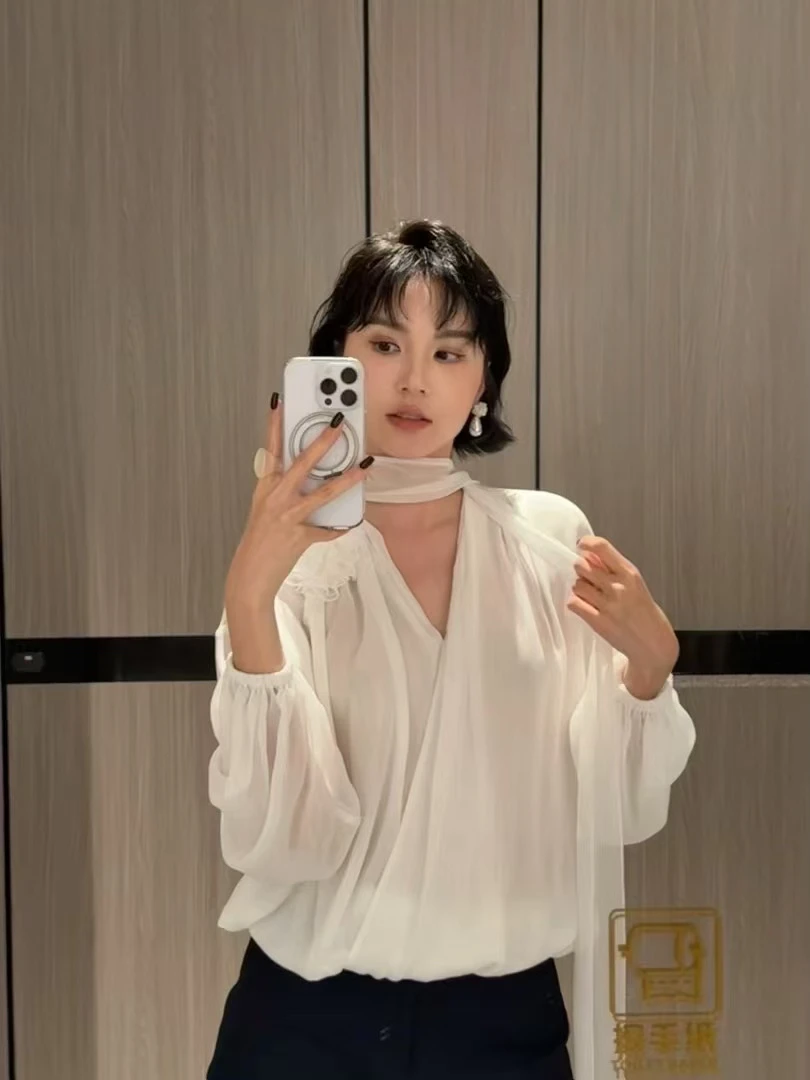 WBHFOR微透雪纺层次气质飘带V领设计宽松衬衫上衣