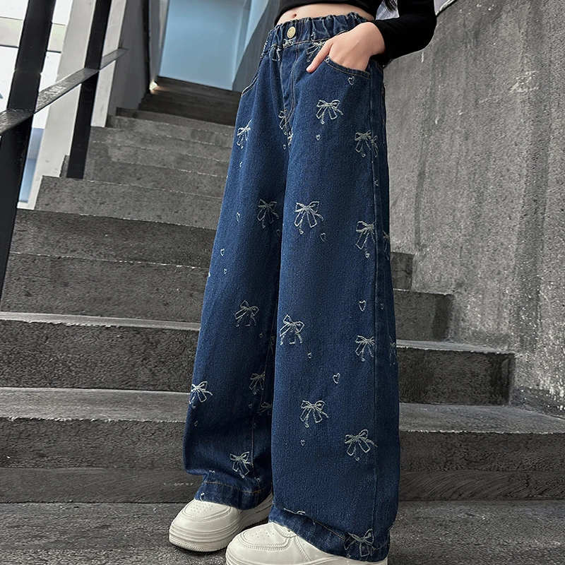 女童韩系蝴蝶结阔腿裤提花牛仔裤休闲时髦2025新款中大童直筒休闲