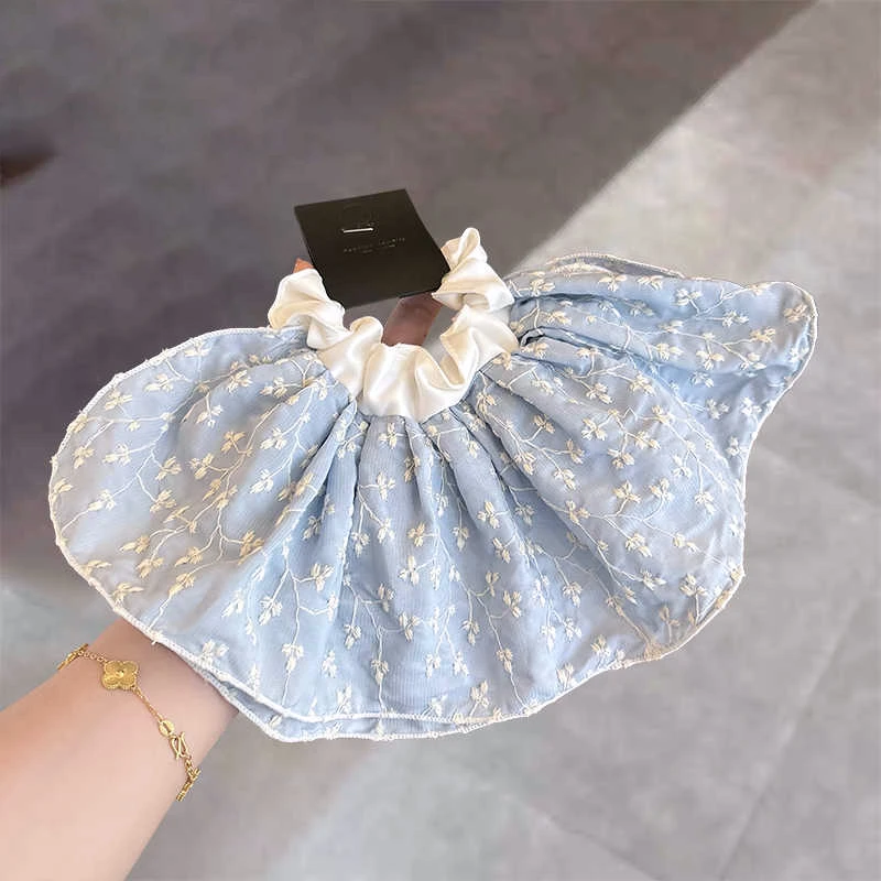 韩国蓝色高弹发绳女双层裙摆小肠圈后脑勺显发量刺绣花朵皮筋头绳