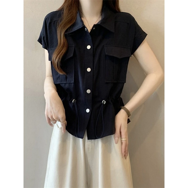 大码夏季设计感时尚翻领抽绳收腰显瘦工装休闲衬衫上衣