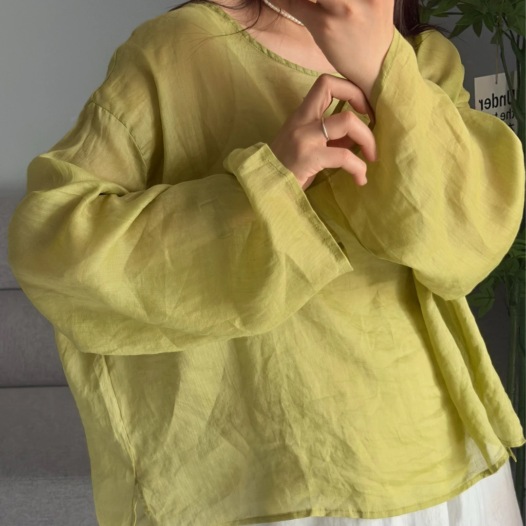 时尚圆领夏季休闲风纯色落肩袖衬衫宽松型