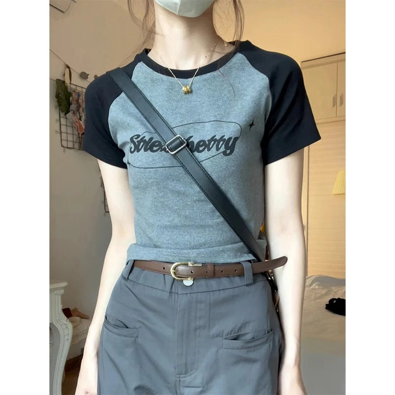 热辣美式上衣拼色插肩袖短袖恤女夏季修身正肩辣妹显瘦短款上衣