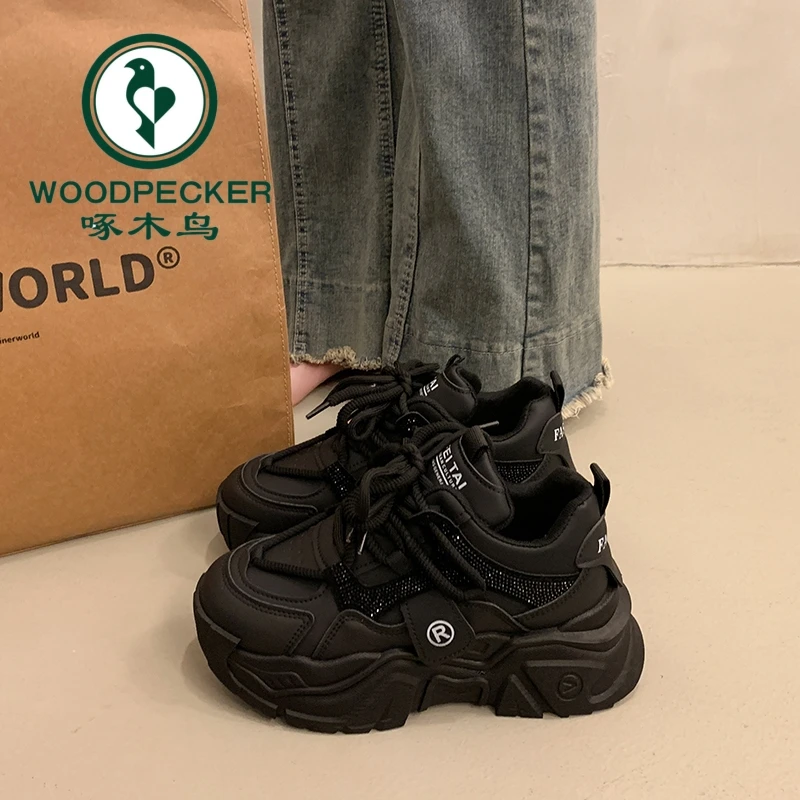啄木鸟爆款厚底老爹鞋女小个子增高2025春秋季新款黑色休闲运动鞋
