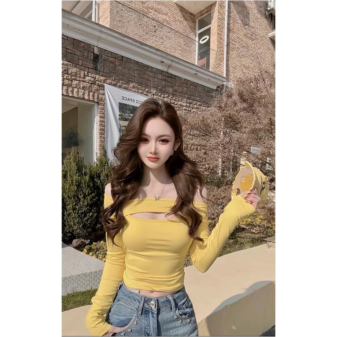 睿夕【尺度拿捏】一字肩镂空长袖名媛气质收腰显瘦T恤~带胸垫