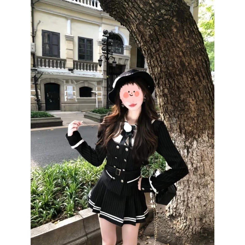 法式千金学院风条纹撞色拼接双排扣上衣高腰JK制服百褶裙两件套