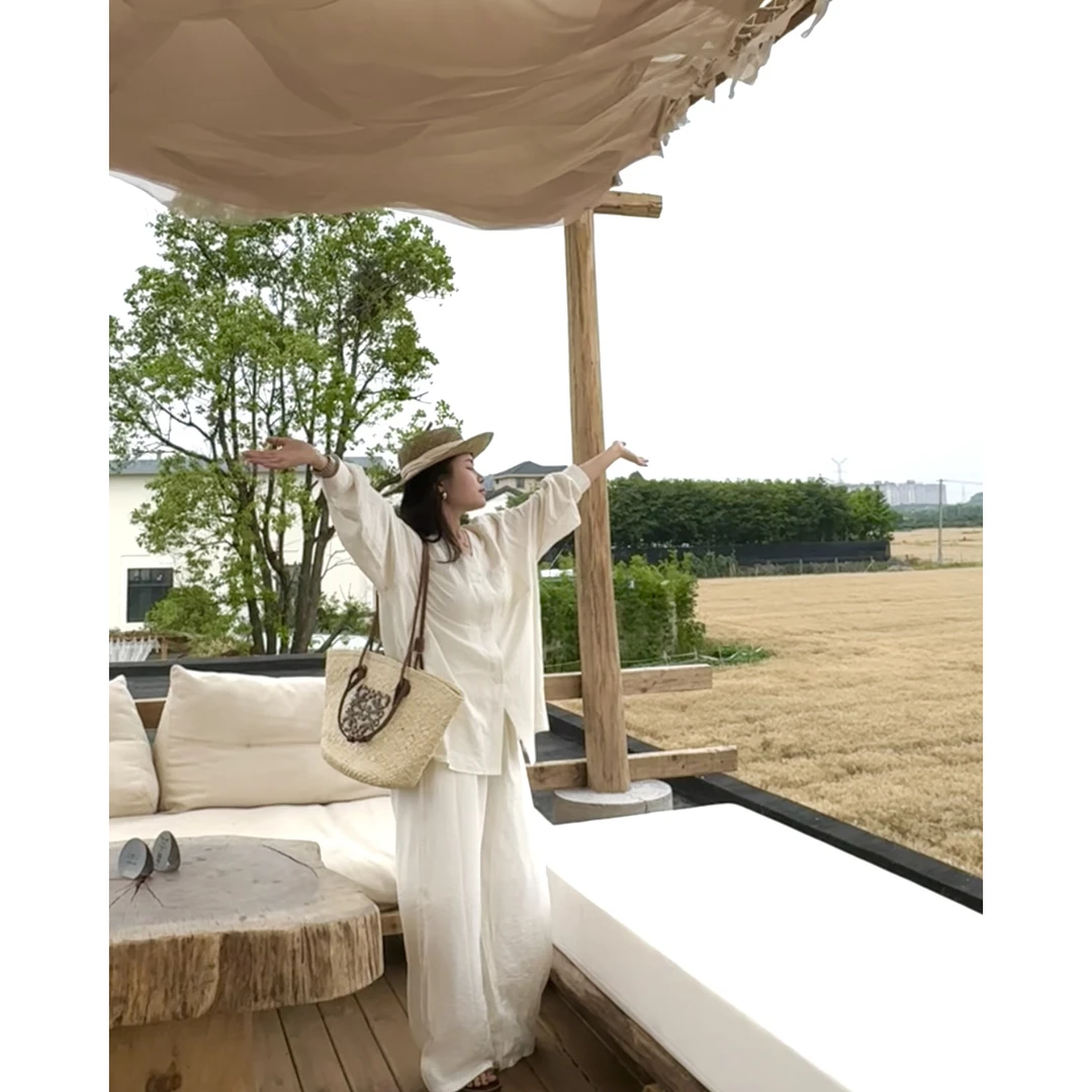 老钱风套装女夏季慵懒宽松长袖V领衬衫+高腰阔腿裤休闲两件套 333