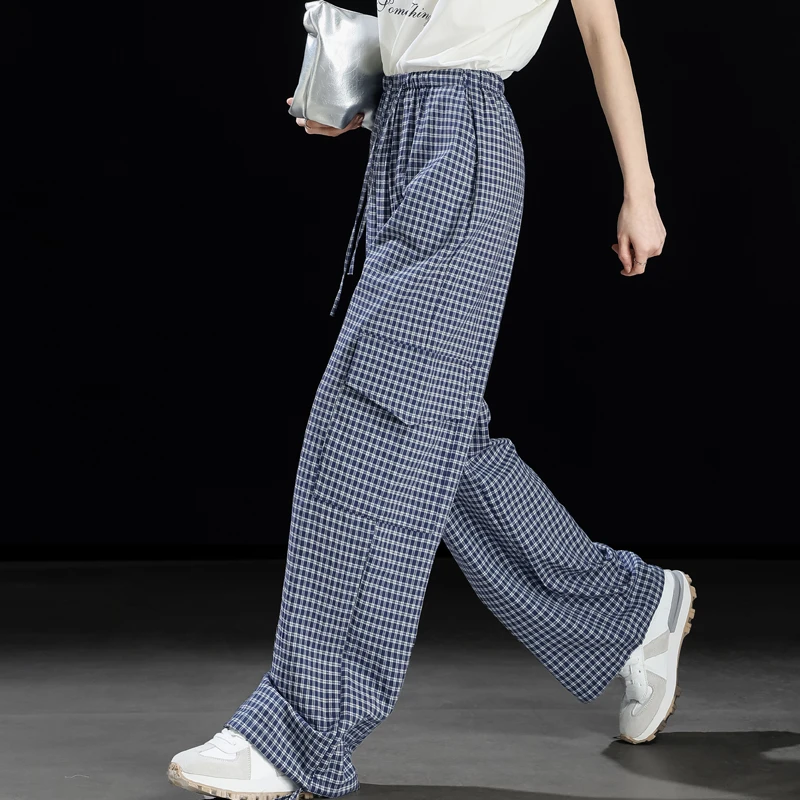工装休闲裤女2025新款夏季裤子女薄款藏蓝色格子裤直筒阔腿拖地裤