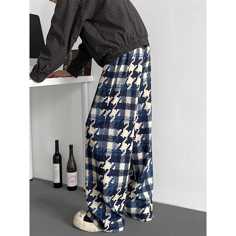 蓝色拼接格子裤男款春季痞帅垂感休闲长裤美式复古潮牌直筒阔腿裤