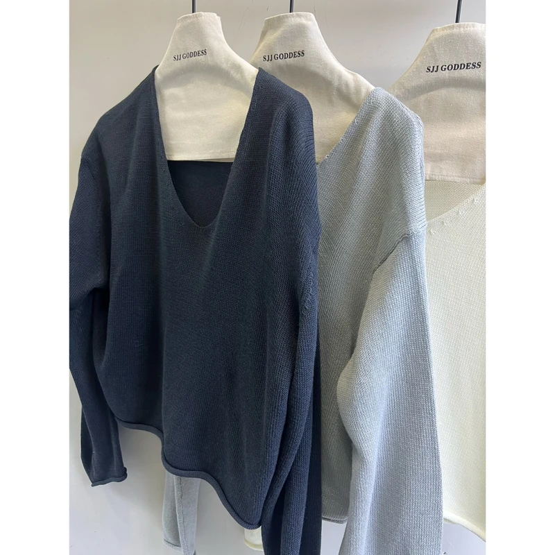 【娇娇私服定制】新款时尚宽松V领长袖针织毛衣（衣长56）81301#