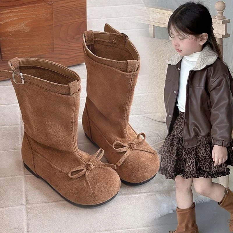 韩版女童覆古皮靴2025秋冬新款宝宝时尚百搭软底单里中筒靴公主