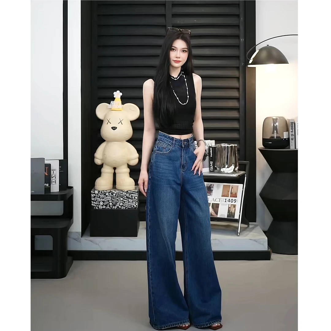 【TO&HR.GIRL】BE956Q夏季水洗深蓝休闲牛仔裤百搭高腰直筒阔腿女装