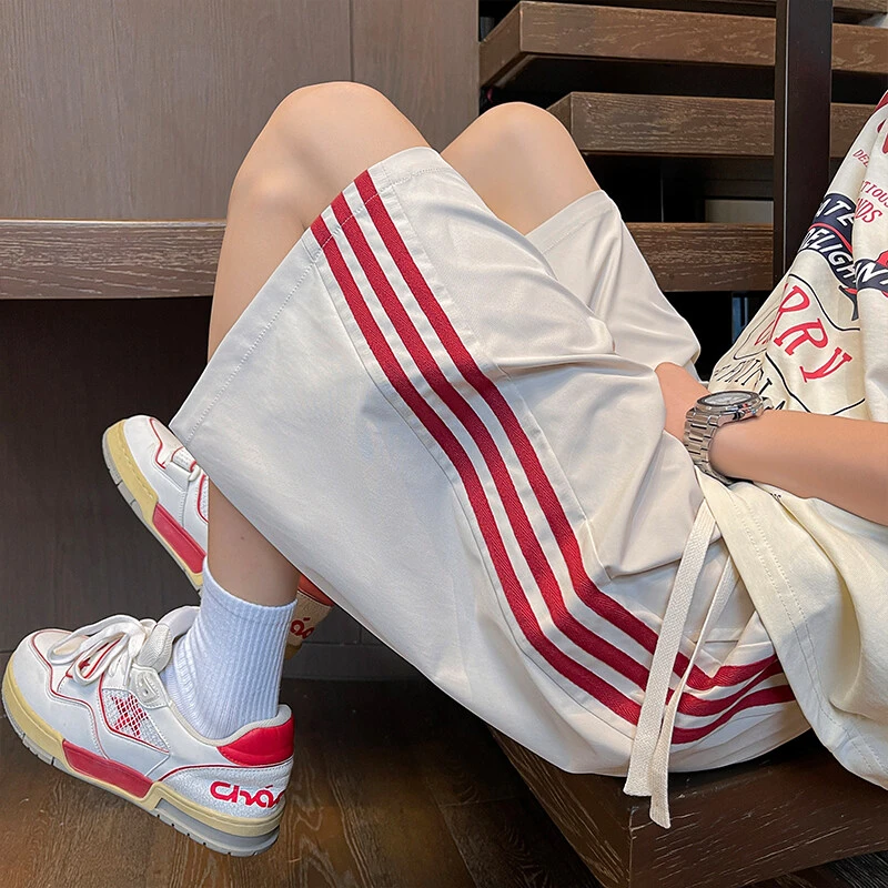 引创斜纹织带条纹短裤男2025夏季新款大码美式宽松大码潮流百搭裤