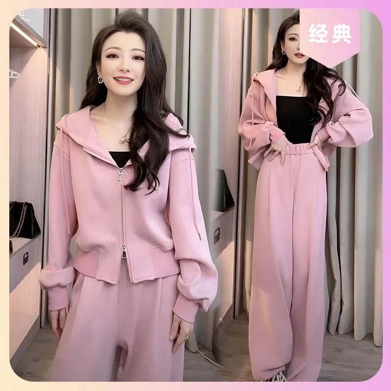 运动休闲套装女2025春秋韩版慵懒风针织连帽卫衣外套阔腿裤两件套