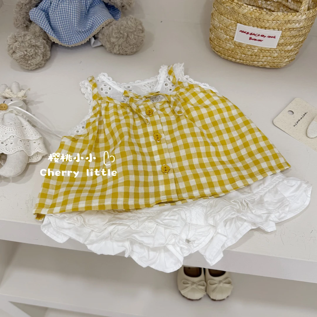 樱桃小小 2025女童夏季韩系格子背心吊带短裤两件套【DY016黄色】