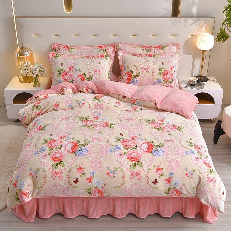 小肥鹅冬季床品套件床裙款双面绒四件套加厚床罩双面牛奶绒亲肤