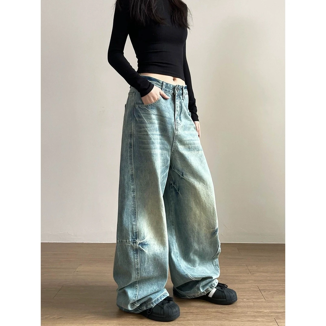 美式复古做旧弯刀牛仔裤女新款小众高级感宽松阔腿长裤子