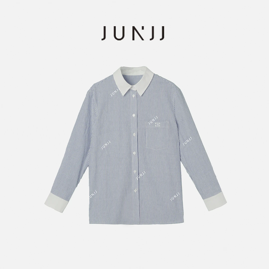 JUNJJ【条纹衬衫】蓝白色条纹纯棉衬衫女春秋季宽松休闲长袖衬衣