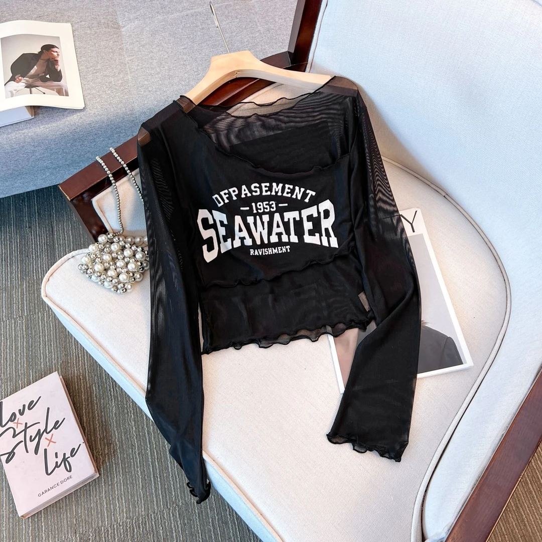 美式复古印花长袖T恤女夏季新款辣妹不规则修身显瘦防晒罩衫上衣