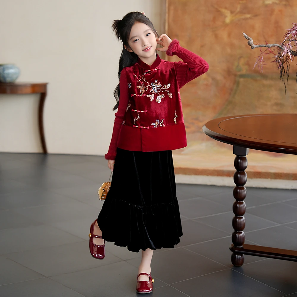 53941国风童装新款女童新中式汉服新年战袍拜年服唐装马甲裙子