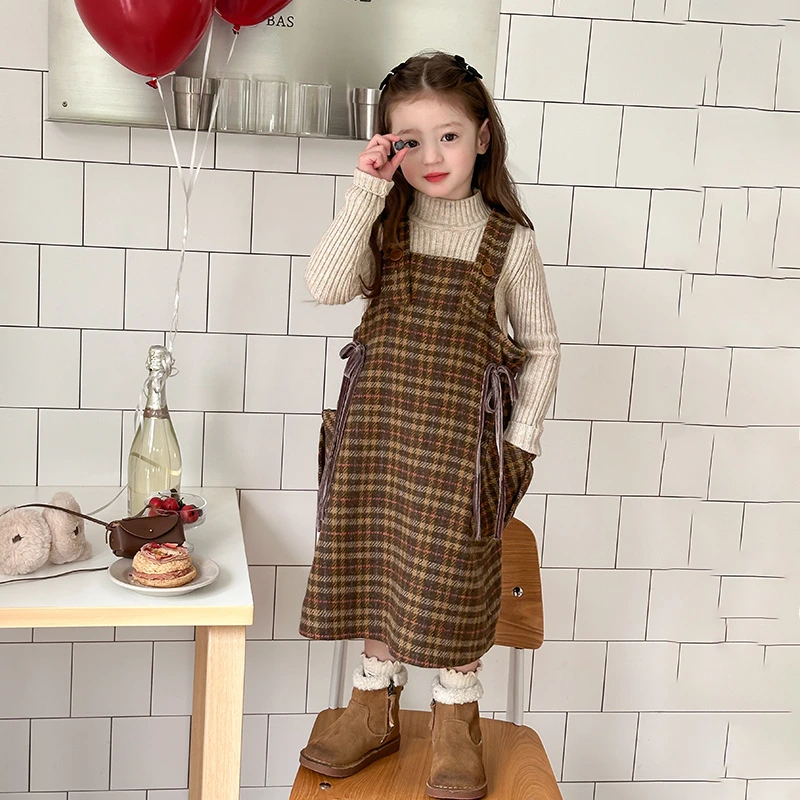 童连衣裙含60%羊毛女童韩版休闲洋气连衣裙加厚加绒格子背带裙
