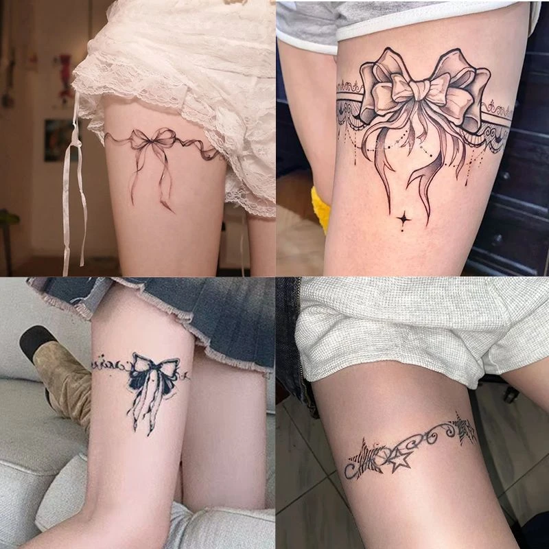 蕾丝蝴蝶结草本半永久纹身大腿辣妹甜酷防水持久ins逼真果汁贴纸