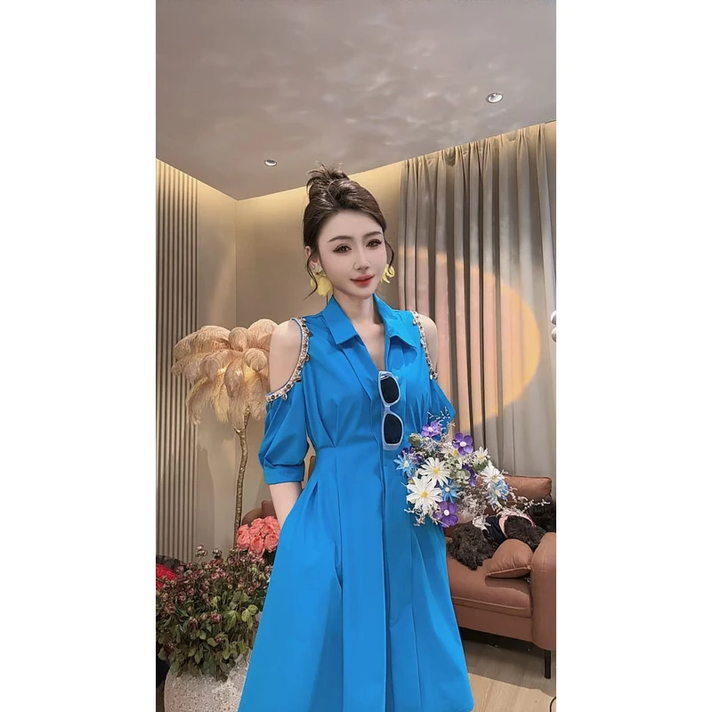 【美美专享】16331法式露肩洋气POLO领收腰五分袖连衣裙女