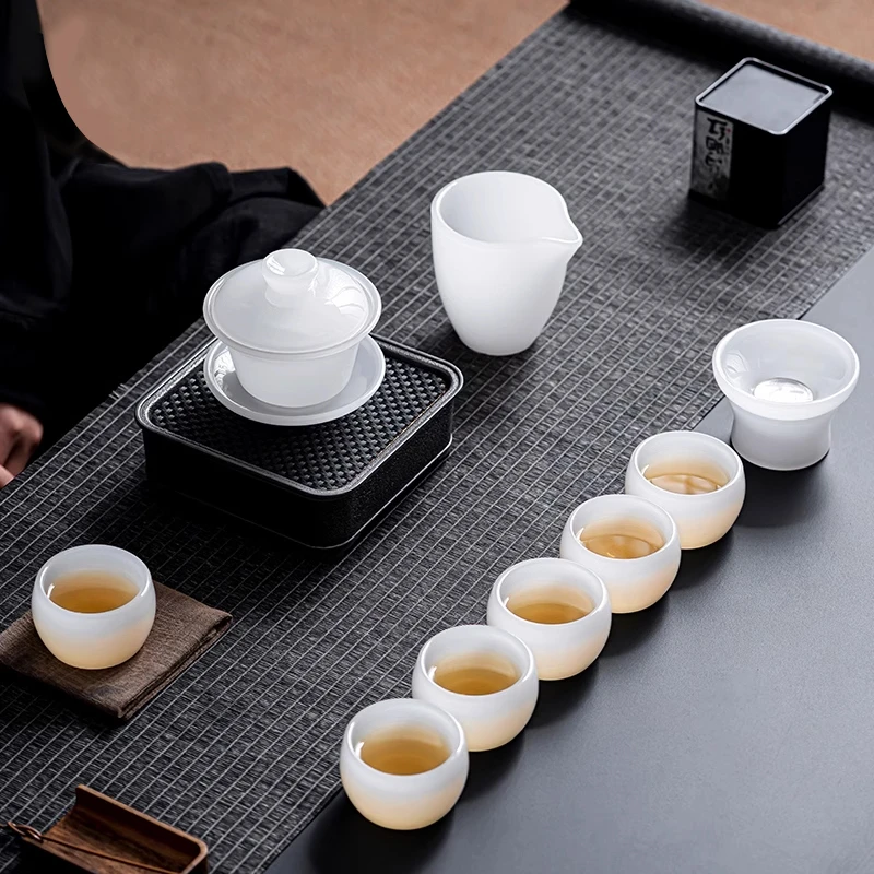 纯白罗汉杯琉璃茶具套装家用高档盖碗茶杯办公室功夫泡茶礼盒装