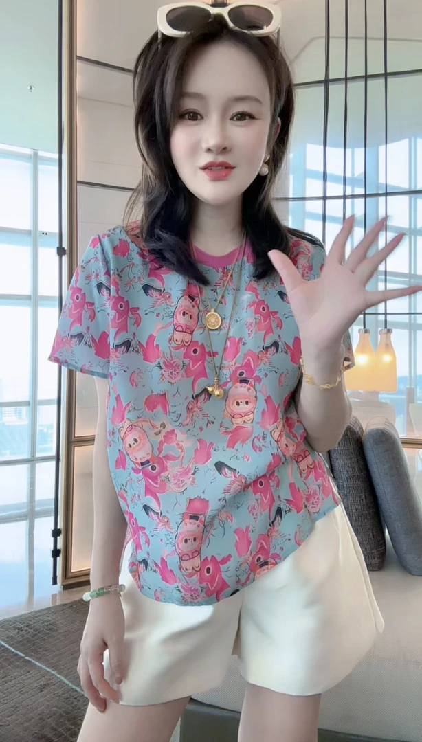 【丝芙玉禄】（F952）100真丝双绉可爱公仔圆领显瘦桑蚕丝t恤上衣