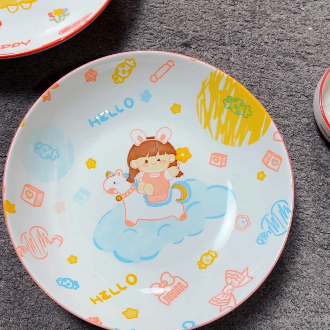 陶瓷孤品捡漏可爱小女孩八寸餐盘微微瑕