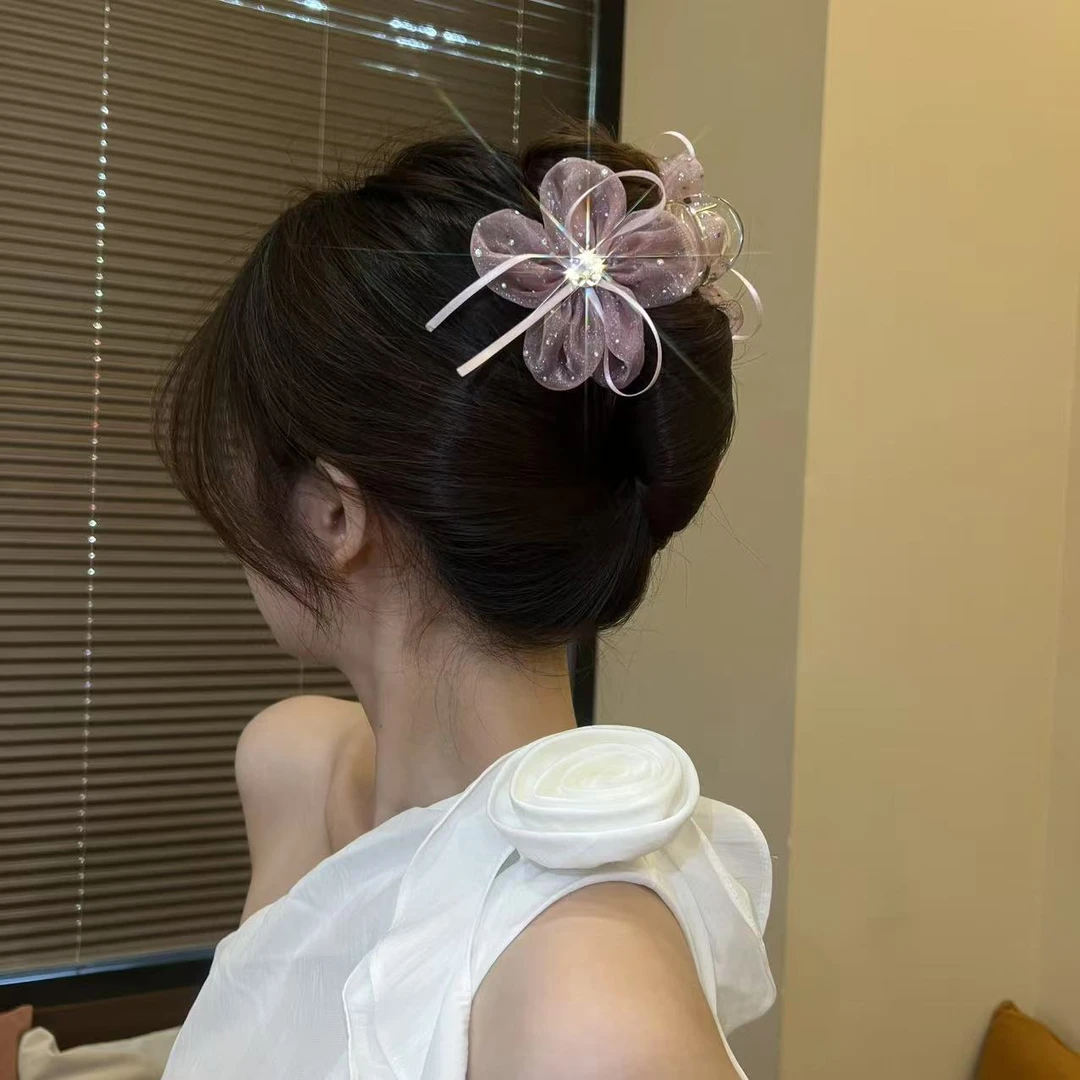 瑾乐2025新款网纱飘带闪钻蝴蝶结花朵抓夹气质轻奢古风优雅