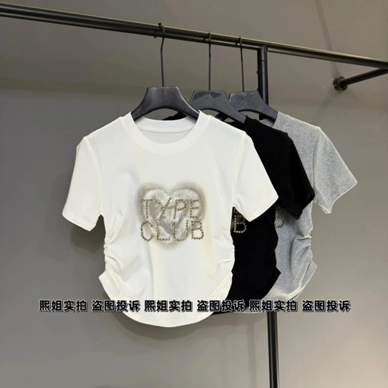 夏季圆领钉珠字母正肩T恤收腰显瘦辣妹高腰短款短袖上衣女潮705#