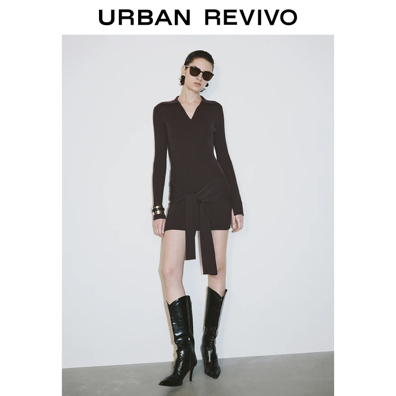 UR2025春季新品女装欧若风复古氛围感绑带针织连衣裙UWG950065