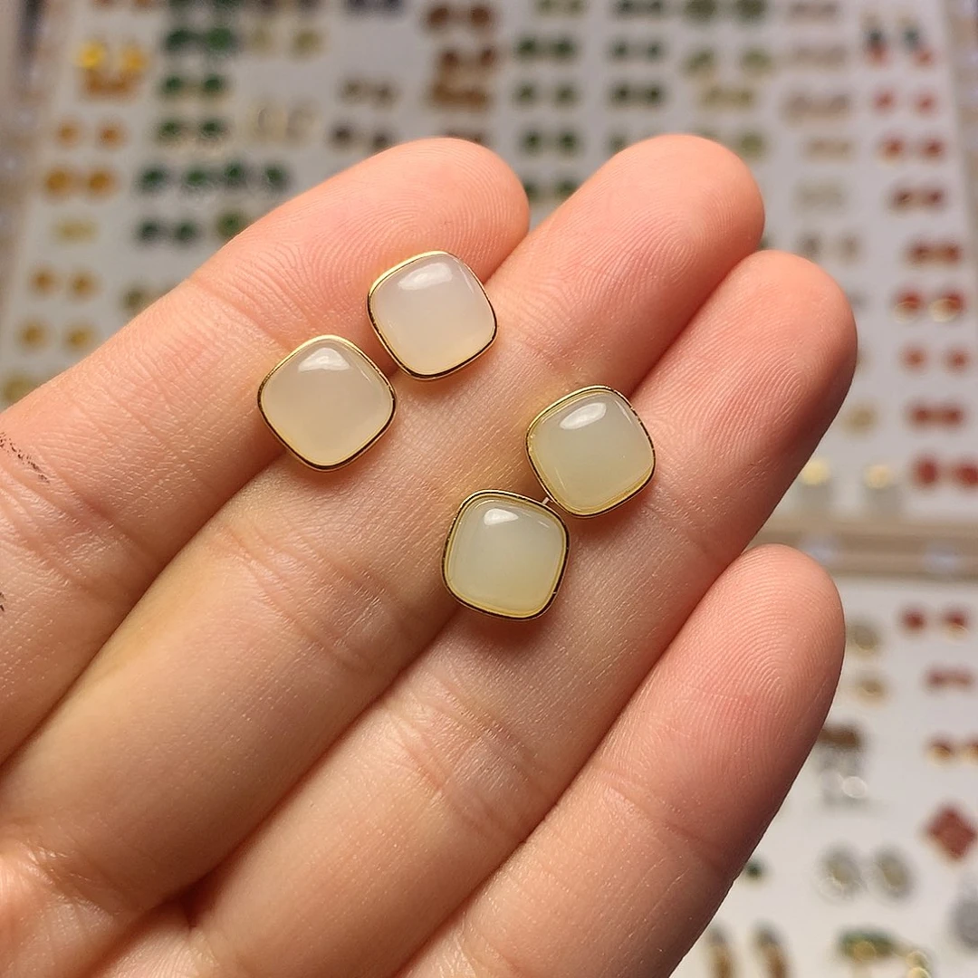 银S925镀金镶嵌和田玉（白玉）耳饰